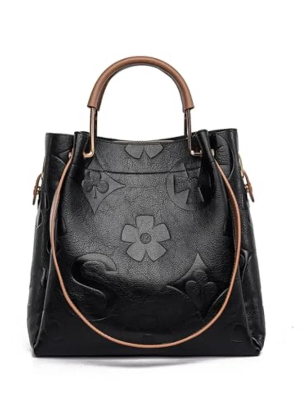 Embossed Vegan Leather Bucket Tote - 3-in-1 Satchel Handbag Set